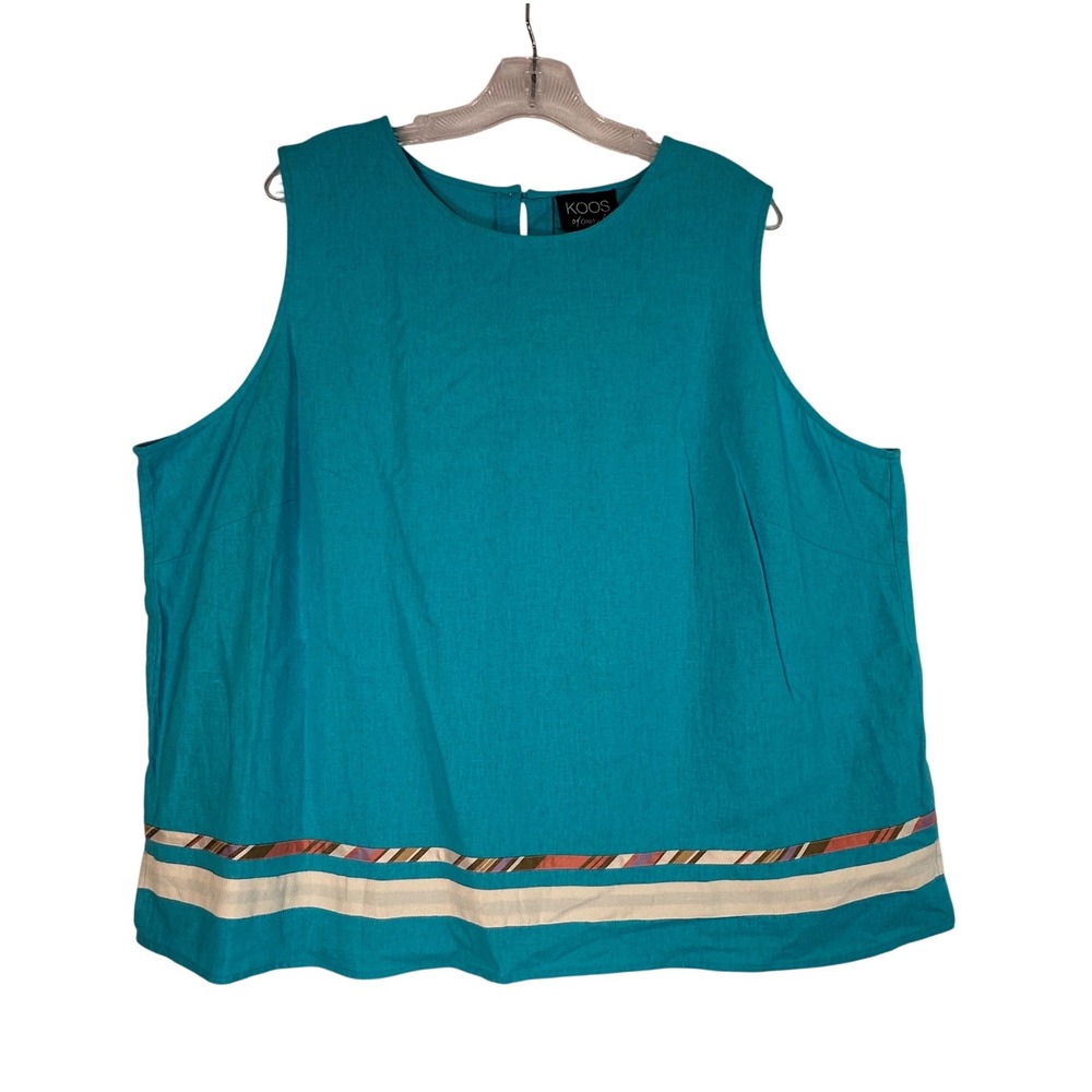 Koos of Course Turquoise Linen Silk Blend Striped Hem Sleeveless Top 2X A61464